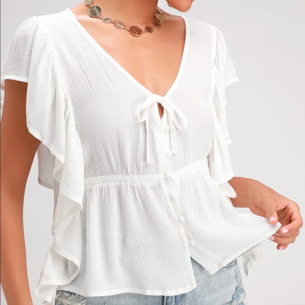 Lulus Ruffles White Button-Up Top - Picture 1 of 9
